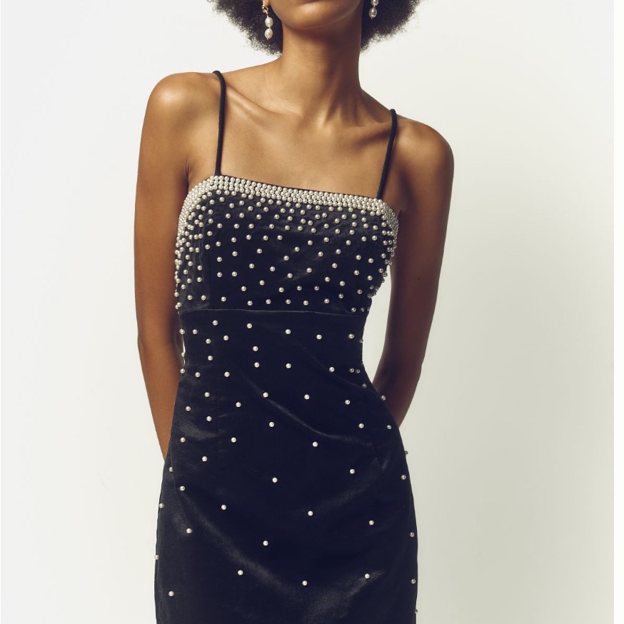 Elegant Black Velvet Dress With Pearl Accents